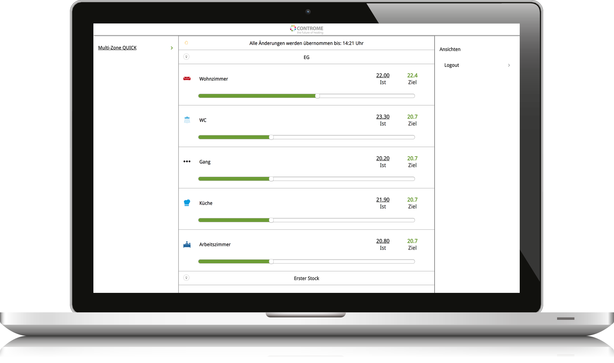 Quick-UI von Smart-Heat OS: Räume mit Ist- und Zieltemperatur, je Raum ein Schieberegler